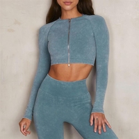 Ensemble de sport et fitness pour femme grande taille en tricot sans couture effet denim délavé au sable, à manches longues, avec double fermeture éclair et ceinture à lacets