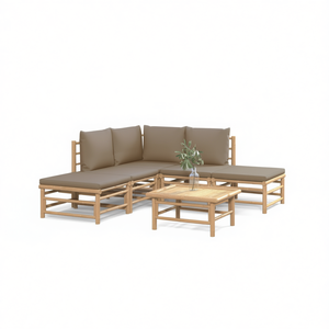 Ensemble de salon de jardin modulaire en bambou 6 pièces, mobilier d'extérieur au design contemporain, coussins taupe, pour usage extérieur - Product Image 1