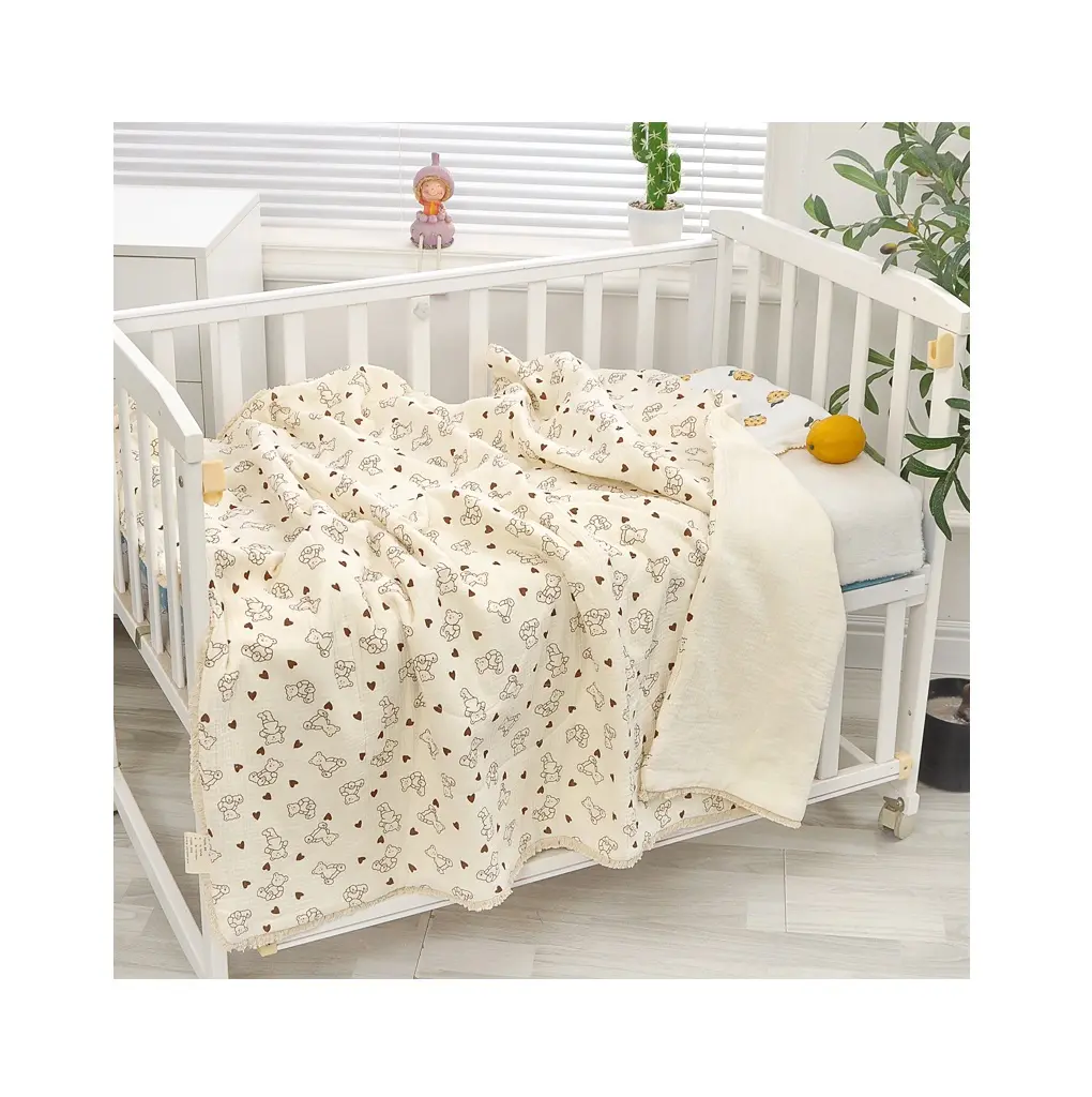 Custom Breathable Baby Kids Gauze Muslin Summer Tassels Edge Blanket Jacquard Cartoon Pattern Cotton Unisex Baby Quilt