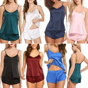 2024New design 2 Pieces Summer Pajamas Shorts for Women Sleepwear Sleeveless Cami Top+Shorts Ruffled Satin Silky Loungewear
