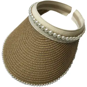 Mùa Hè Bãi Biển Màu Rắn Handmade Ngọc Trai Ladies Straw Hat Sun Hat Rỗng Top Straw Hat