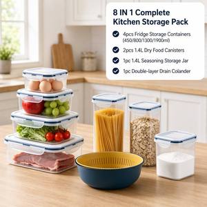 8点セット 長方形 キッチン収納セット 密閉食品保存容器 食器 パントリーオーガナイザー ザル PP BPAフリー OEM工場 - Product Image 2