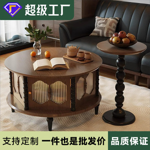 Retro Solid Wood <b>Coffee</b> <b>Table</b> Round With Storage For Living Room Home Use <b>Small</b> Apartment Style - Product Image 4
