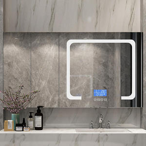 Miroir de salle de bain mural en bois massif avec éclairage LED intelligent moderne avec rangement pour la chambre à coucher et le salon - Product Image 5