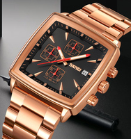 Montre à quartz pour homme OEM avec bracelet en acier inoxydable, cadran en verre, date, chronomètre, logo personnalisé, étanche 3 ATM, boîtier carré, montre tendance