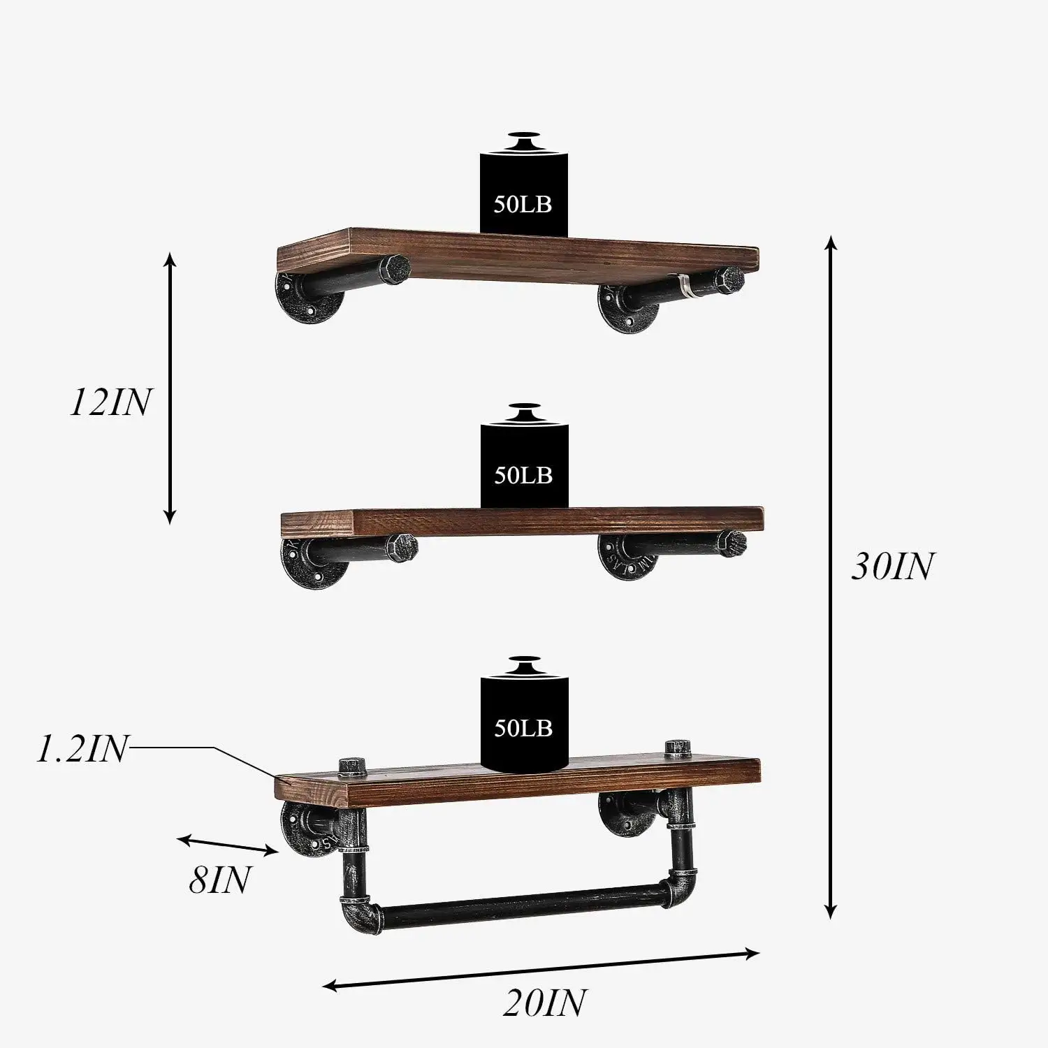 Madeira Ferro Black Art Wall Mounted Pipe Prateleira de livros Tubulação Industrial Cozinha Home Storage & Organization Artigos do agregado familiar