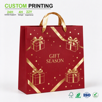 Sac en papier rouge personnalisé imprimé avec impression dorée et poignée en ruban satiné pour cadeaux de fêtes et emballages de vente au détail, vente en gros