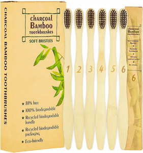 Brosses à dents en bambou Vegan, lot de 5, en charbon actif, sans BPA, poils souples, emballées individuellement et numérique - Product Image 1