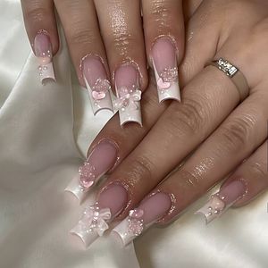 Lot de 24 faux ongles longs en forme de cercueil, avec papillons 3D et diamants, style français, luxueux et réutilisables - Product Image 3