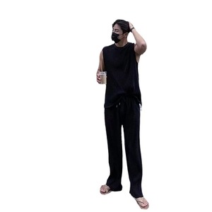 Men's Ice Silk Sleeveless Vest Set Beige Quick Dry Leisure Wear Summer Casual Fitness <b>Pants</b> Straight Hem Thin Viscose Fabric - Product Image 5