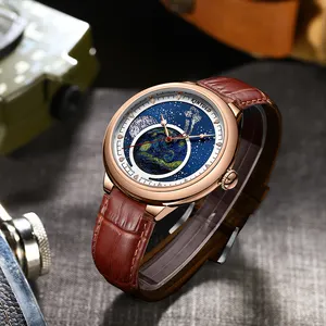 Nieuwe Trending Sport Heren Horloges Luxe Lederen Ster Fase Skelet Mechanisch Horloge Blauwe Planeet Wijzerplaat Voor Mannen