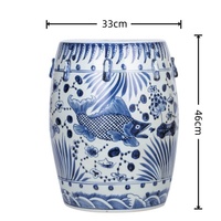 Tabouret Tambour en Porcelaine Chinoise Vintage Bleu et Blanc à Motifs de Poissons, Tabouret Décoratif Multi-usages pour Salon, Patio, Cour et Décoration Intérieure