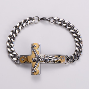 Bracelet Croix Crucifix en Acier Inoxydable 316L Plaqué Or 18 carats et Argent, Chaîne Curb, Bijoux Religieux Corpus pour Hommes et Femmes, Vente en Gros, Personnalisation OEM - Product Image 2