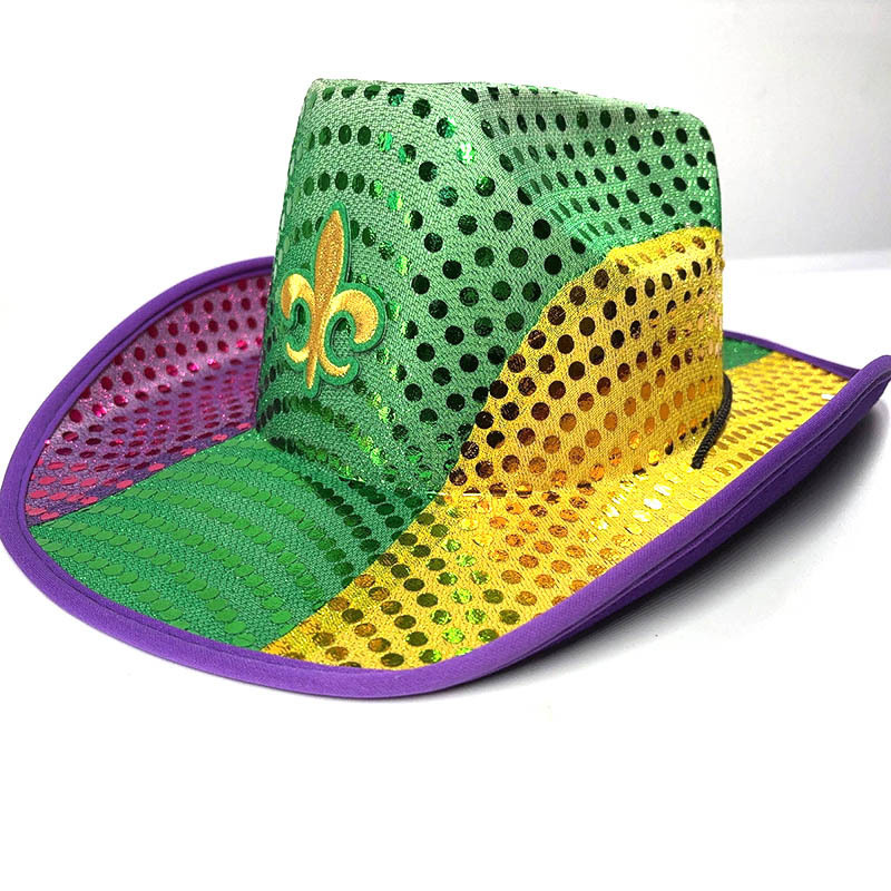Green & Purple Sequin Mardi Gras Fedora Cowboy Hat Amazon.com: GiftExpress Adult LED Light-Up Sequin Cowboy Hat  main image 3