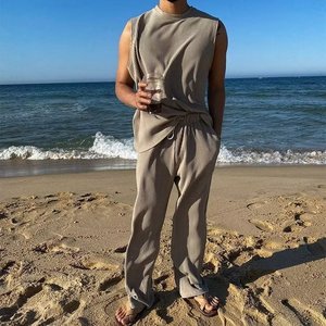 Men's Ice Silk Sleeveless Vest Set Beige Quick Dry Leisure Wear Summer Casual Fitness <b>Pants</b> Straight Hem Thin Viscose Fabric - Product Image 2