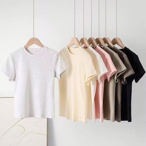 Top adelgazante ajustado corto de verano con cuello redondo de estilo francés de manga corta para mujer - Product Image 1