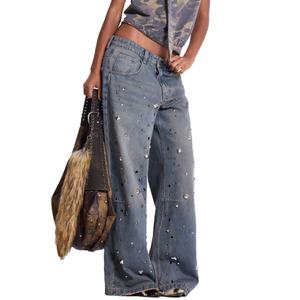 Jean Colossus en denim épais 100 % coton pour homme, coupe oversize style skate, taille basse, gris bleu délavé, clouté, vente en gros - Product Image 2