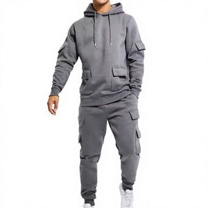 Men Grey Hooded <b>Tracksuit</b> Set Cargo Pockets Full Sleeve Casual Sweatshirt And Pants Solid Color 100 Cotton Autumn Wear - Product Image 1