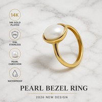 Cincin Mutiara Baja 316L Grosir Berlapis Emas 14K Oval Cabochon Bezel untuk Wanita Collar Acero Ganku