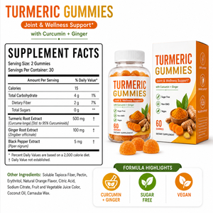 Gummies sans sucre au curcuma et curcumine avec extrait de gingembre et de poivre <span class=keywords><strong>noir</strong></span> 500mg – Soutien végétalien pour les articulations et le bien-être – OEM - Product Image 6