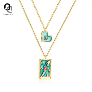 Non Tarnish Waterproof Jewelry Gold Plated Stainless Steel Double Layered Lover Heart Tarot Card Pendant Necklace