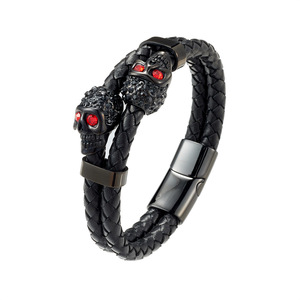Bracciale europeo americano da uomo in acciaio inossidabile con teschio personalizzato in pelle di primo strato in pelle intrecciata con <span class=keywords><strong>pietra</strong></span> principale diamantata - Product Image 2
