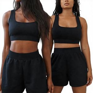 Vêtements de sport pour hommes, ensemble de yoga deux pièces grande taille, haut court en coton et short, soutien-gorge de sport - Product Image 1