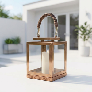 <b>Mini</b> Square Rose Gold Metal <b>Lantern</b> With Toughened Glass Panels And Woven Handle For Home Decoration - Product Image 2