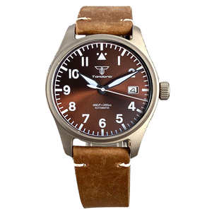Tandorio Men Vintage Titanium <span class=keywords><strong>Pilot</strong></span> Watch 39mm Silver Dial Movimiento automático 200M Impermeable Correa de cuero marrón - Product Image 2