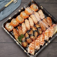 Barquette alimentaire en plastique PET de haute qualité, grande capacité, carrée, pour sushis, gâteaux, pizzas, snacks/pains, idéale pour la vente à emporter