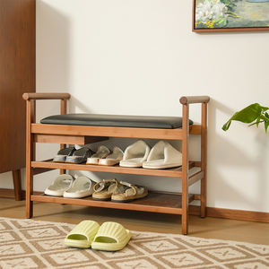 <span class=keywords><strong>Banc</strong></span> à <span class=keywords><strong>chaussures</strong></span> en bambou personnalisé avec 2 niveaux de rangement pour <span class=keywords><strong>chaussures</strong></span> et coussin moelleux, poignée - Product Image 1