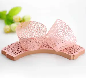 Pink White Pearl Paper Cupcake Wrappers Small Vine Lace Laser Cut Muffin Paper Holders Para Festa de Aniversário De Casamento