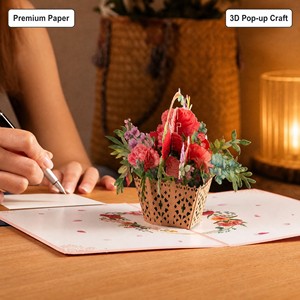 Carte de vœux florale pop-up 3D, panier de fleurs en papier, impression numérique, cadeau fait main pour la fête des mères - Product Image 2