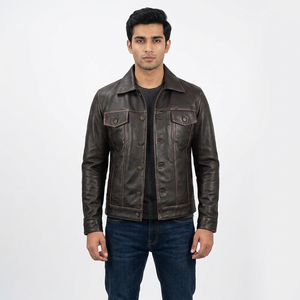Stylish Men's Genuine Leather Cow Skin <b>Jacket</b> <b>with</b> Stand Collar and Front Logo High Quality Latest Design - Product Image 1