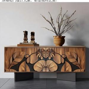 Mobile TV in Legno Massello Vintage JINXI, Mobile da Ingresso, Scarpiera Stile Wabi-Sabi, Credenza <span class=keywords><strong>con</strong></span> Intaglio a Foglia in Rilievo - Product Image 3