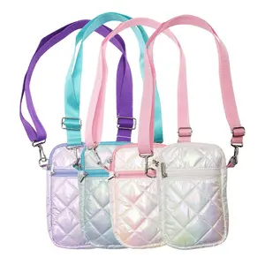 Mini Cute colors laser glitter shine nylon fabric delicate textured quilted crossbody sling bag purses for girls