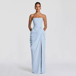 Abito <span class=keywords><strong>Bustier</strong></span> da Donna con Stecche, Vestito Lungo con Fiocco in Vita e Spacco Posteriore, Elegante Abito da Sera per Vacanze con Lacci Posteriori - Product Image 2
