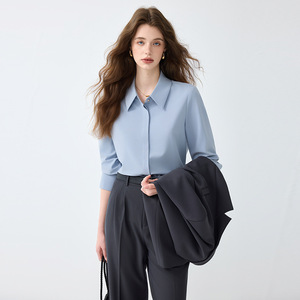 Women's Blue Long Sleeve Shirt Solid Color Polyester Broadcloth Workwear Top Professional Formal Wear For Office - Product Image 2