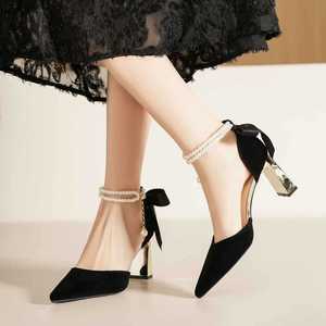 Velvet Ankle Strap Heels <b>With</b> Pearl Chain And <b>Bow</b> Wedding <b>Shoes</b> For Women - Product Image 3