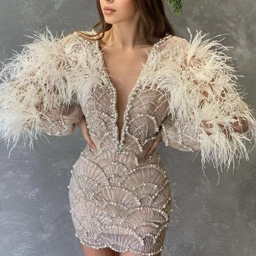 ED2035 Fashion Feathers Pearl Sequined Mini Elegant Long Sleeve Dress Party