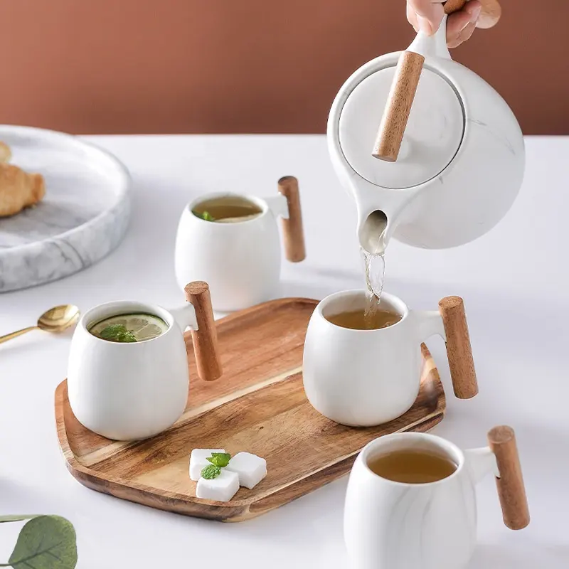 กาน้ำชาแบบเรียบง่ายลายนอร์ดิก,ชุดกล่องของขวัญกาแฟชาเซรามิกที่จับไม้ชุดกาน้ำชาดอกไม้กาน้ำชาและน้ำ