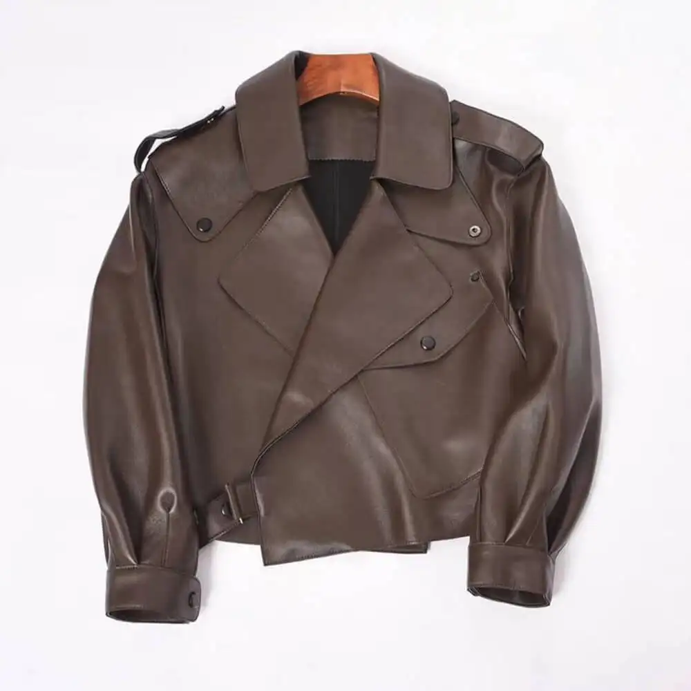 Genuine Sheep Leather Biker Jacket Women Wholesale Italian Style Crop Trench Leather Coats For Ladies