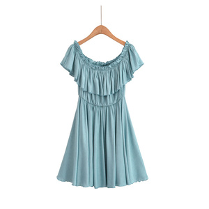 Off Shoulder Ruffle Chiffon Sundress <b>Elastic</b> Waist A-Line Mini Loose Fit Solid Color Summer Beach <b>Dress</b> - Product Image 6