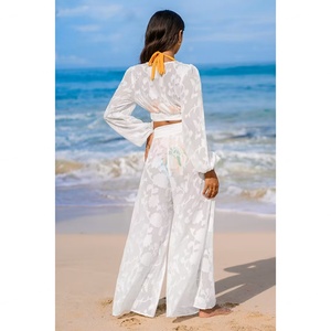The New Product Is White Wide-legged Beach <b>Sunscreen</b> Long-sleeved V-neck Breathable Cinched Waist Tie and Slimmed - Product Image 5