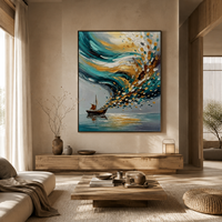 Tableau mural abstrait de voilier en turquoise éclatant encadré or, style impasto, décor Océan Éclatant pour complexe balnéaire et villa de plage
