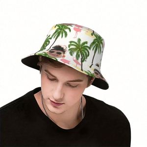 Sombrero de Pescador Hawaiano Personalizado con Diseño Tropical de Flamencos y Palmeras, Ala Ancha, Protección Solar para Playa y Pesca, Estilo de Dibujos Animados - Product Image 4