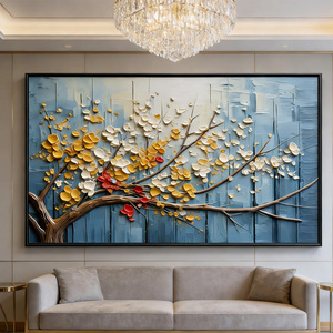 Peinture abstraite minimaliste bleue texturée, motif floral, grande peinture à l'huile peinte à la main sur toile avec <span class=keywords><strong>art</strong></span> mural texturé - Product Image 1