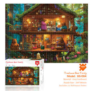 Puzzle <span class=keywords><strong>sur</strong></span> mesure de mille pièces, motif Cabane dans les Arbres Famille Ours, en carton gris, impression UV Heidelberg, SnugFit, sans bavures, plan complet, GreenBox, robuste - Product Image 1