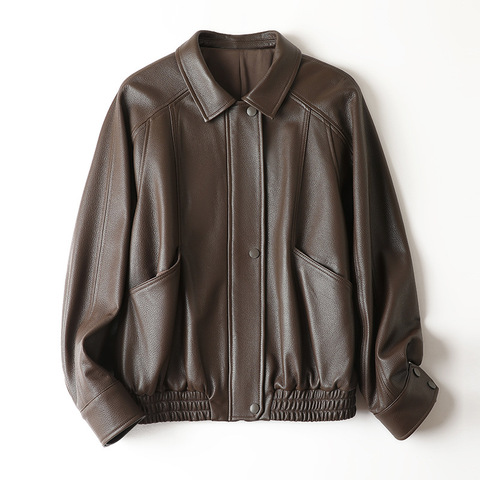 571 Autumn New Lychee Patterned Casual Silhouette Long Sleeved Zipper Short Sheepskin Leather Jacket Women