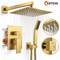 Système de douche pluie carré avec pommeau de pluie, douchette à main, mitigeur et robinet de dérivation en laiton pour salle de bain domestique